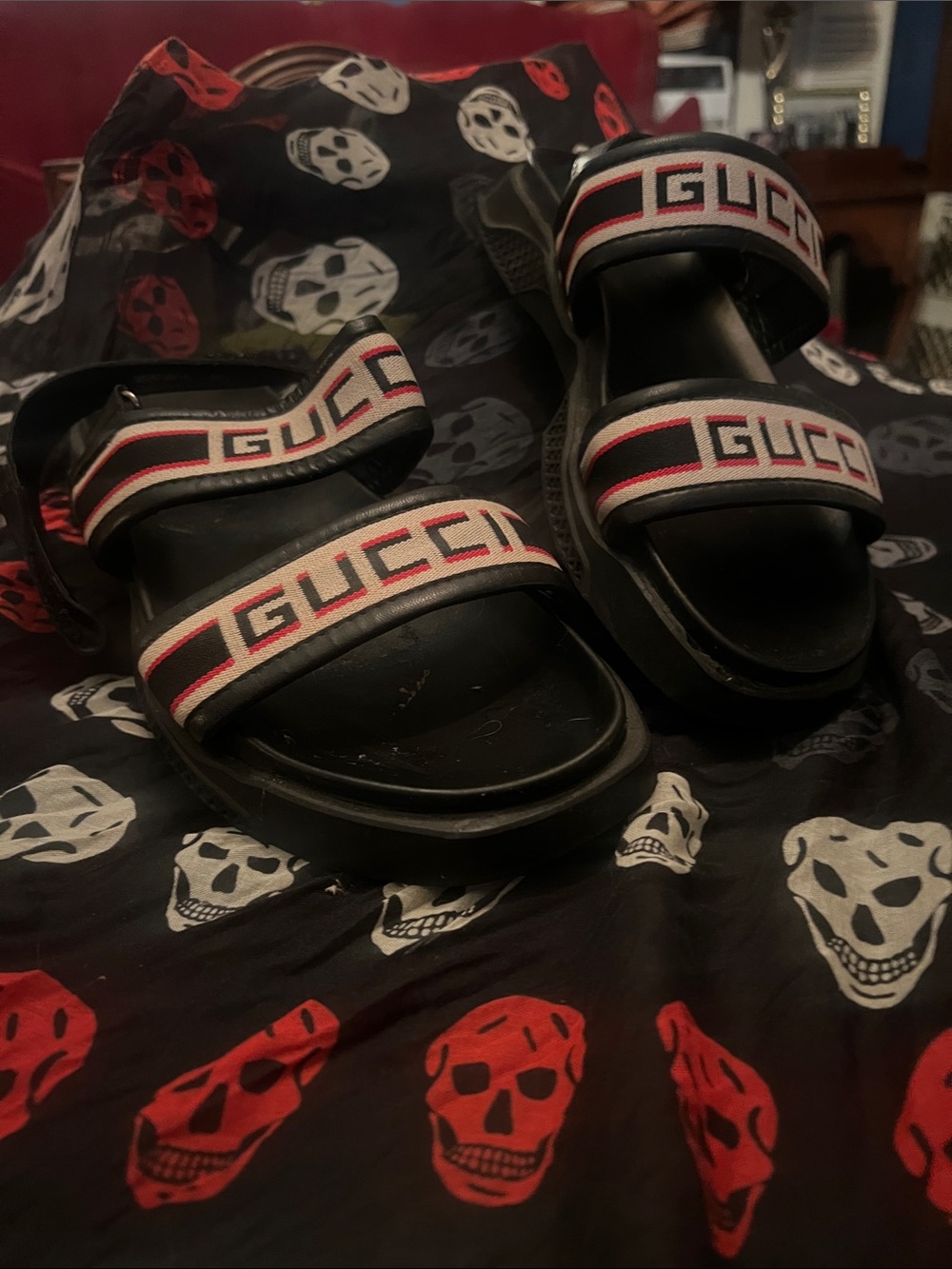 Gucci Black Sandals with Red, White & Black Logo Straps